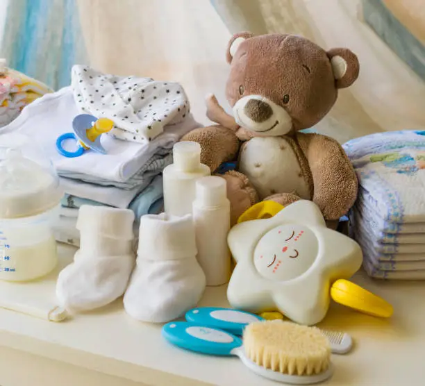 Photo of baby products, symbols for newborns,