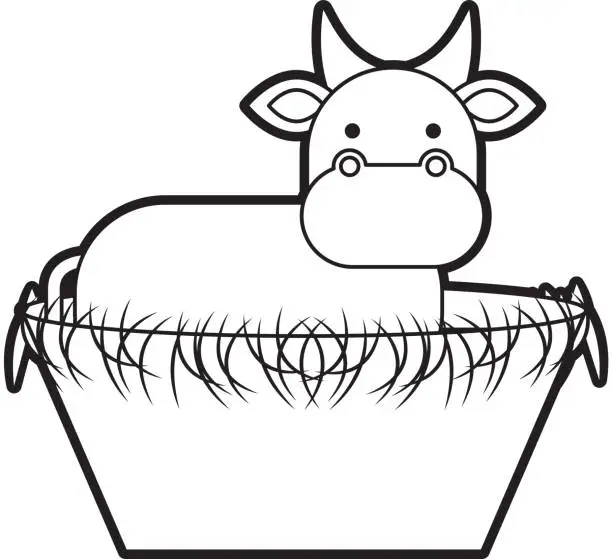 Vector illustration of nativity cow in the wooden cradle manger