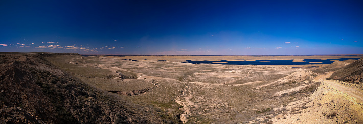 Landscape of Sudochye lake aka part of former Aral sea at Urga fishing village at Karakalpakstan, Uzbekistan