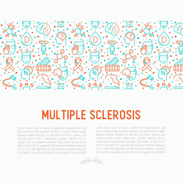 Multiple sclerosis concept with thin line icons of symptoms and treatments: disorientation, heredity, neuron myelin sheaths, vitamin D. Vector illustration for banner, web page. Multiple sclerosis concept with thin line icons of symptoms and treatments: disorientation, heredity, neuron myelin sheaths, vitamin D. Vector illustration for banner, web page. medulla stock illustrations