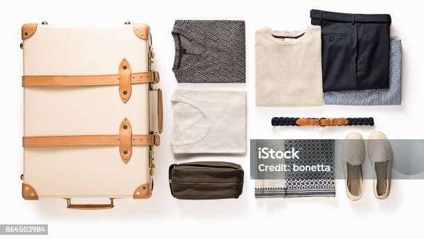 Mens Clothing And Personal Accessories Stock Photo - Download Image Now - Suitcase, Cut Out, Clothing