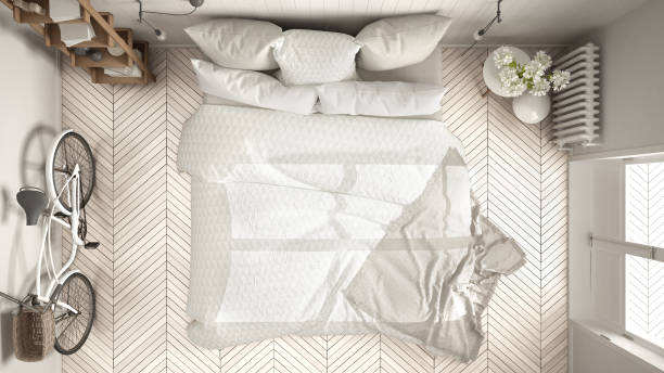 istock Scandinavian minimalist bedroom with big window and herringbone parquet, white interior design, top view 864504542