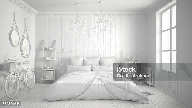 Progetto Total White Della Camera Da Letto Minimalista Scandinava Con Grande Finestra E Parquet A Spina Di Pesce Architettura Interior Design - Fotografie stock e altre immagini di Viraggio monocromo