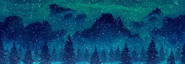 istock Mountains and pine trees in snowfall illustrated winter landscape 864506064