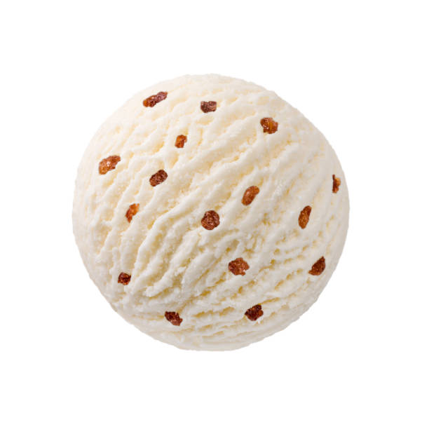 istock Creamy vanilla ice cream scoop with raisins pieces 864506946