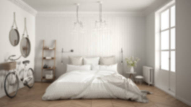 istock Blur background interior design, scandinavian minimalist bedroom with big window and herringbone parquet 864507780