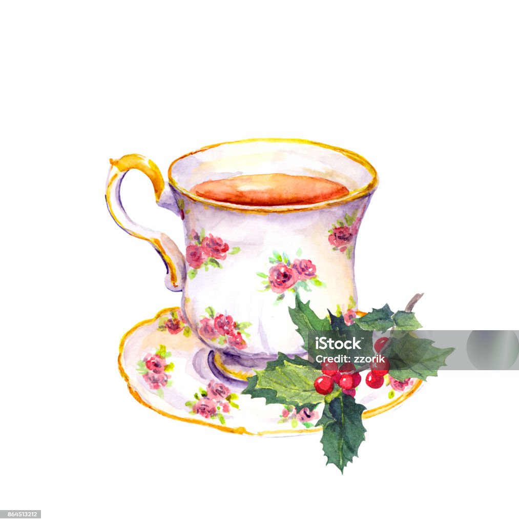 Tách Trà Với Cây Tầm Gửi Giáng Sinh Watercolor Hình minh họa Sẵn ...