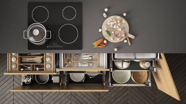 vista superior de la cocina, abrir cajones y estufa con cocina pan, diseño de interiores minimalista - white close up macro cooking fotografías e imágenes de stock