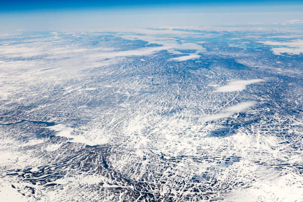 Aerial view of snow covered, Arctic landscape in Greenland