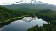 istock AERIAL Calm surface of a lake in the forest reflecting the beautiful Mount Hood in the background 864526000