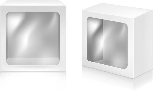 Paper white boxes set mock-up template Paper white boxes with window set mock-up vector template. Good for packaging design. cardboard box mockup stock illustrations