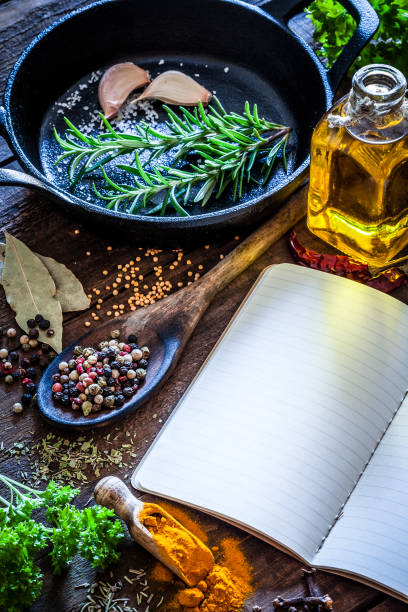 istock Cookbook with spices and herbs on dark kitchen table 864531492