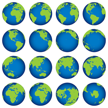 16 orthographic projections of Earth globe oriented at 15° latitude.