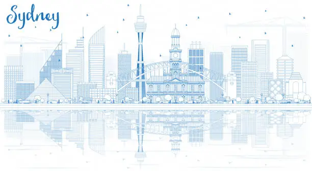 Vector illustration of Outline Sydney Australia Skyline with Blue Buildings and Reflections.