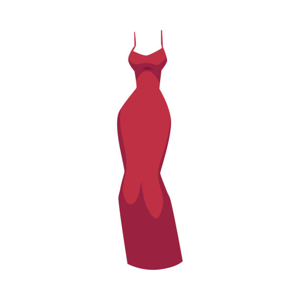 Slim fit evening gown, beautiful long red dress Off-the-shoulder slim fit evening gown, red dress with spaghetti straps, cartoon vector illustration isolated on white background. Cartoon long red dress, slim fit evening gown haute couture stock illustrations