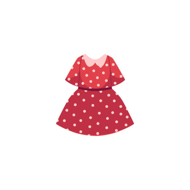 vector flat cartoon kid girl red dotted dress vector flat cartoon child baby girl kid red dotted dress. Fashionable trendy style summer, female casual fancy festive clothing. Isolated illustration on a white background. dress stock illustrations