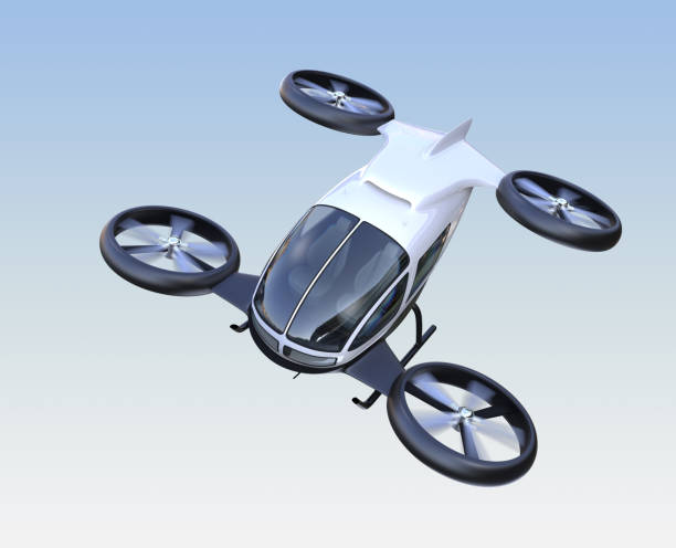 Front view of self-driving passenger drone flying in the sky stock photo