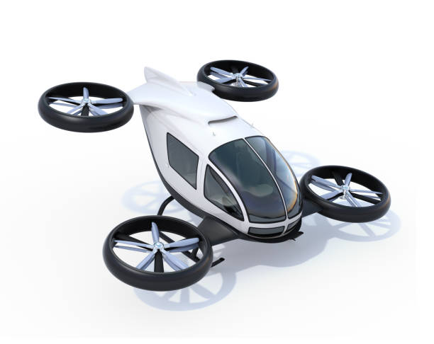 White self-driving passenger drones isolated on white background White self-driving passenger drones isolated on white background. 3D rendering image. tilt rotor stock pictures, royalty-free photos & images