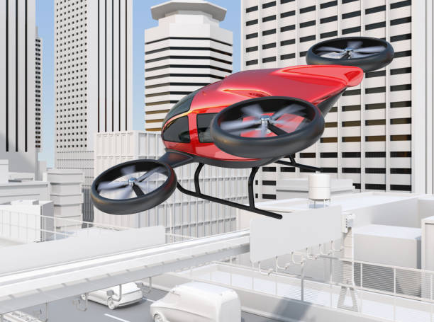 istock Self-driving passenger drone flying over a highway bridge which in heavy traffic jam 864543108