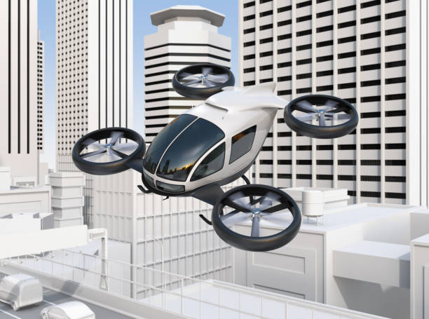 Self-driving passenger drone flying over a highway bridge which in heavy traffic jam Self-driving passenger drone flying over a highway bridge which in heavy traffic jam. 3D rendering image amphibious vehicle stock pictures, royalty-free photos & images