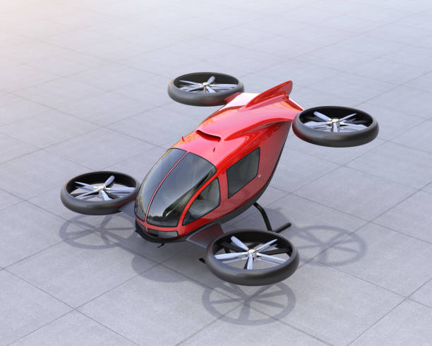 istock Metallic red self-driving passenger drone parking on the ground 864543544