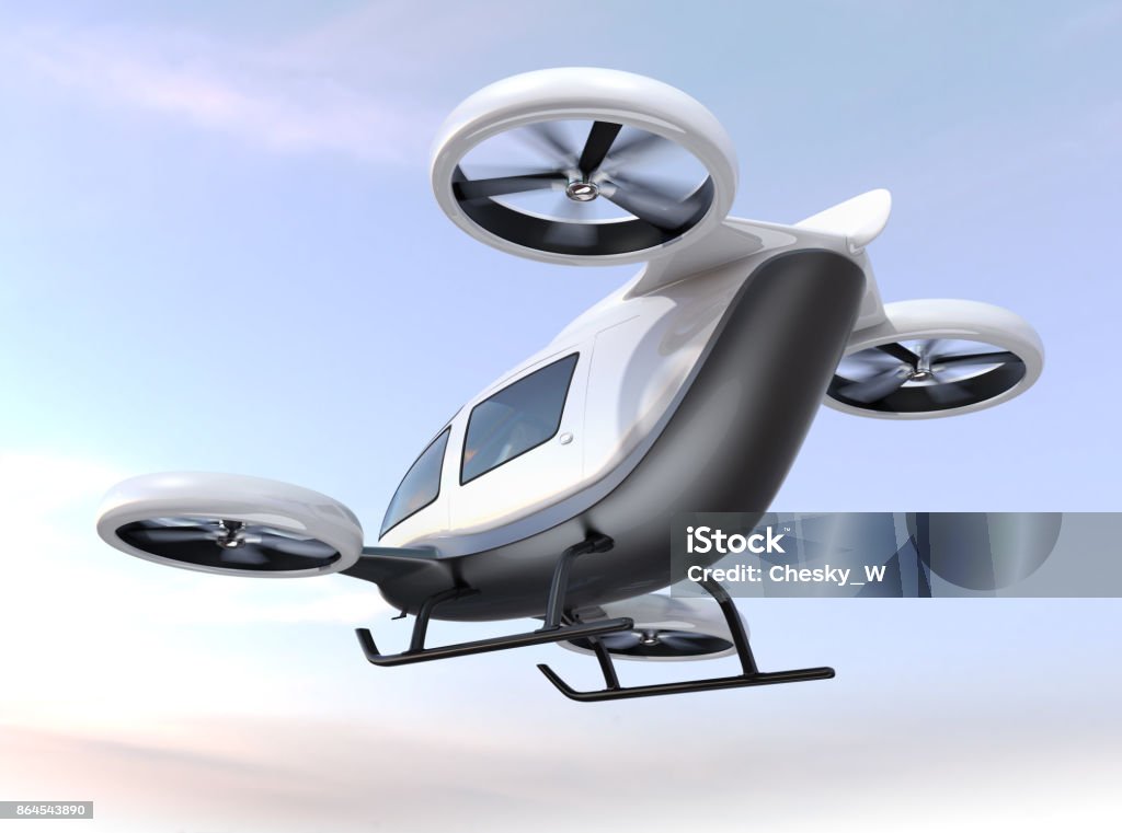 White self-driving passenger drone flying in the sky White self-driving passenger drone flying in the sky. 3D rendering image. Futuristic Stock Photo