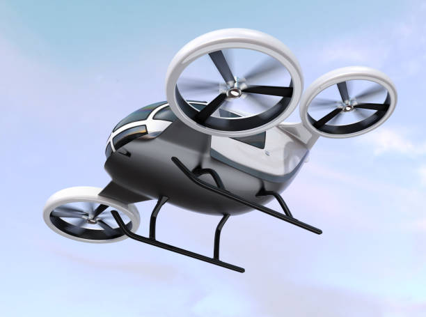 White self-driving passenger drone flying in the sky White self-driving passenger drone flying in the sky. 3D rendering image. tilt rotor stock pictures, royalty-free photos & images