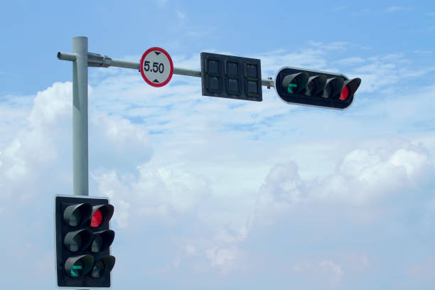 istock Traffic light and signboard limit of height on blue sky background 864544576
