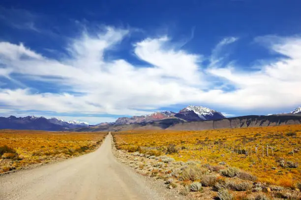 The pampas in Patagonia, Argentina. The road in the desert