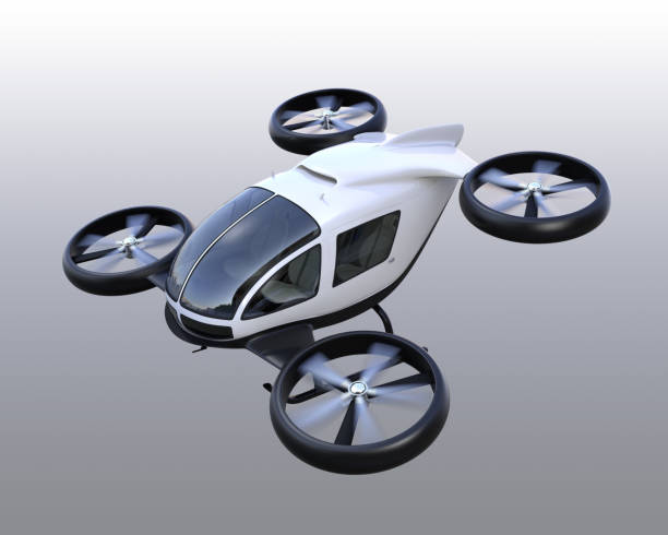 White self-driving passenger drones isolated on gray background White self-driving passenger drones isolated on gray background. 3D rendering image. tilt rotor stock pictures, royalty-free photos & images