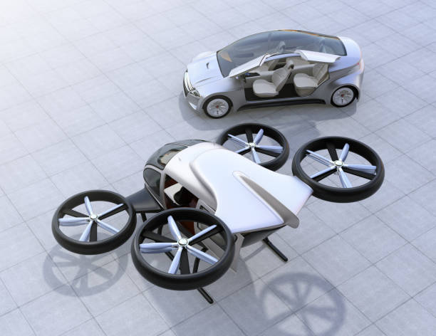 Rear view of self-driving car and passenger drone parking on the ground Rear view of self-driving car and passenger drone parking on the ground. 3D rendering image tilt rotor stock pictures, royalty-free photos & images