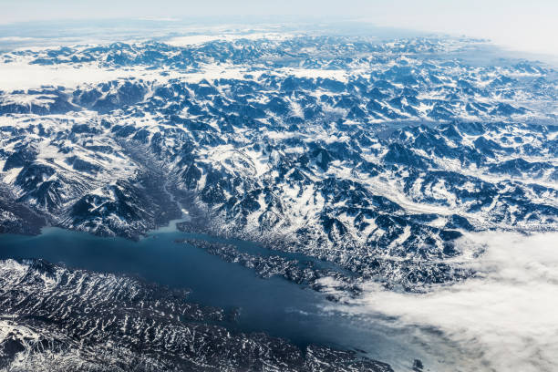High angle view of snow covered, Arctic landscape in Greenland