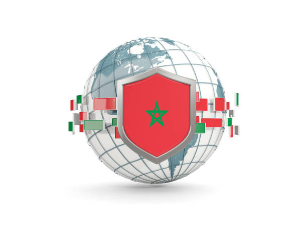 Globe and shield with flag of morocco isolated on white. 3D illustration