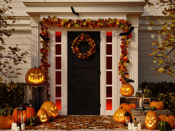 istock halloween decorated house with pumpkins. 3d rendering 864556486