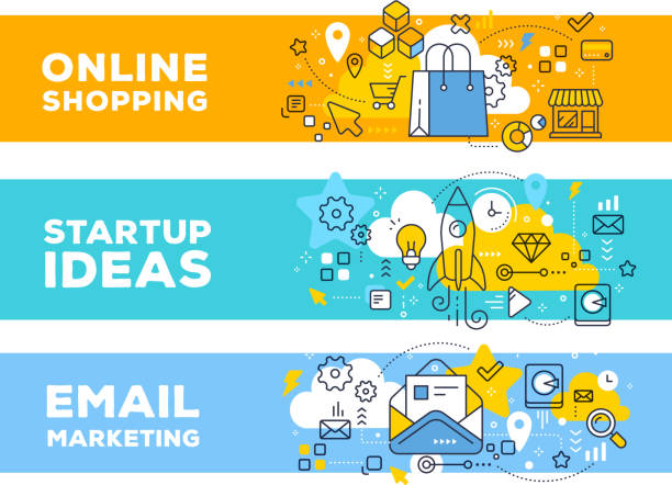 Online shopping & startup ideas concept on color backgrounds with title. Online shopping & startup ideas concept on color backgrounds with title. Vector set of banner illustrations with business elements. Thin line art flat style design for web, site, banner, business presentation rocket template stock illustrations