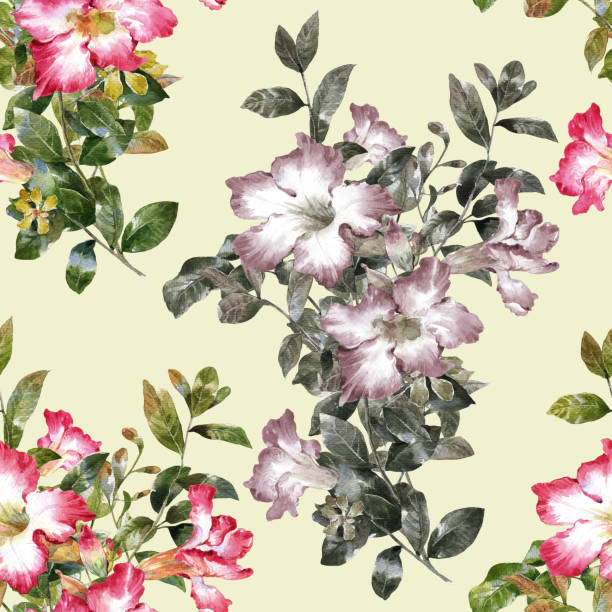 istock Watercolor painting of leaf and flowers, seamless pattern on Cream Beige  background 864563838
