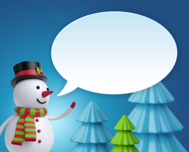 3d render, digital illustration, snowman cartoon character, talking bubble, message balloon, speech bubble, festive christmas background, holiday greeting card - balloon child winter snow imagens e fotografias de stock