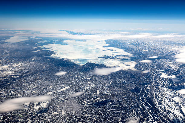 Aerial view of snow covered, Arctic landscape in Greenland