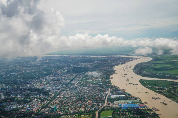aerial view Myanmar landscape from the airplane, cloud, land, river, architecture