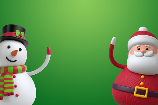 3d render, digital illustration, snowman and santa claus isolated on green background, Christmas holiday poster