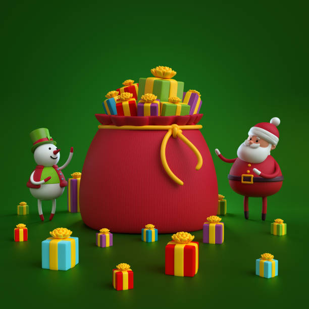 istock 3d render, digital illustration, snowman and santa claus opening bag with gift boxes, Christmas holiday background 864568044