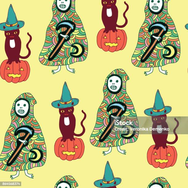 Halloween Seamless Pattern With Cat Pumpkin Death Reaper Stock Illustration - Download Image Now