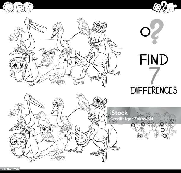 Find Differences With Birds Coloring Book Stock Illustration - Download Image Now - Black And White, Parrot, Puzzle