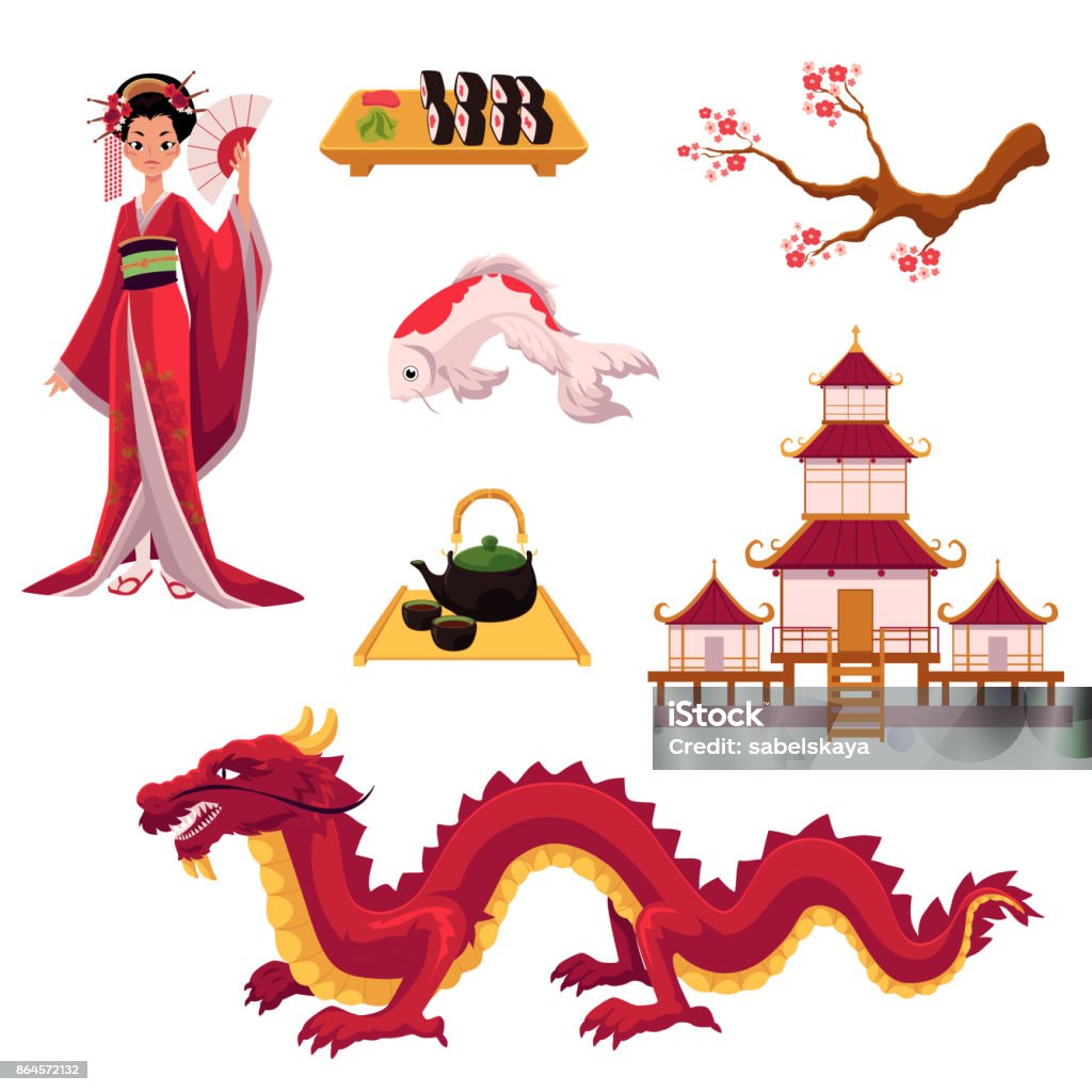 Ilustración de Conjunto De Elementos De La Cultura Japonesa De Dibujos  Animados Símbolos y más Vectores Libres de Derechos de Abanico - iStock
