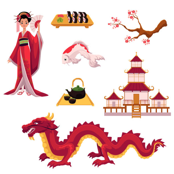 ilustrações, clipart, desenhos animados e ícones de conjunto de elementos da cultura japonesa de desenhos animados, símbolos - painted image traditional culture art dragon