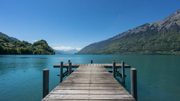 pier in den see brienzersee in iseltwald schweiz - brienz mountain landscape lake stock-fotos und bilder