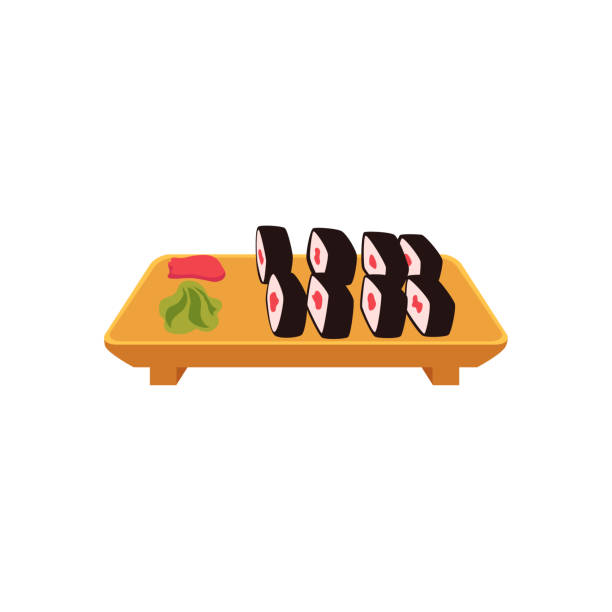 teller sushi, maki rolls mit ingwer und wasabi - sushi nigiri white background red stock-grafiken, -clipart, -cartoons und -symbole