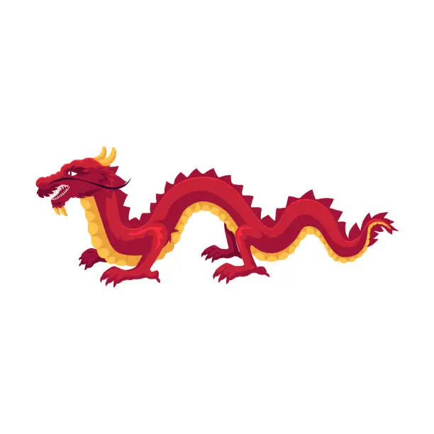 Vector illustration of Chinese, Japanese red dragon standing on four paws