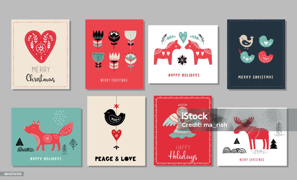 Christmas holidays greeting cards Christmas holidays greeting cards in Scandinavian style Christmas stock vector