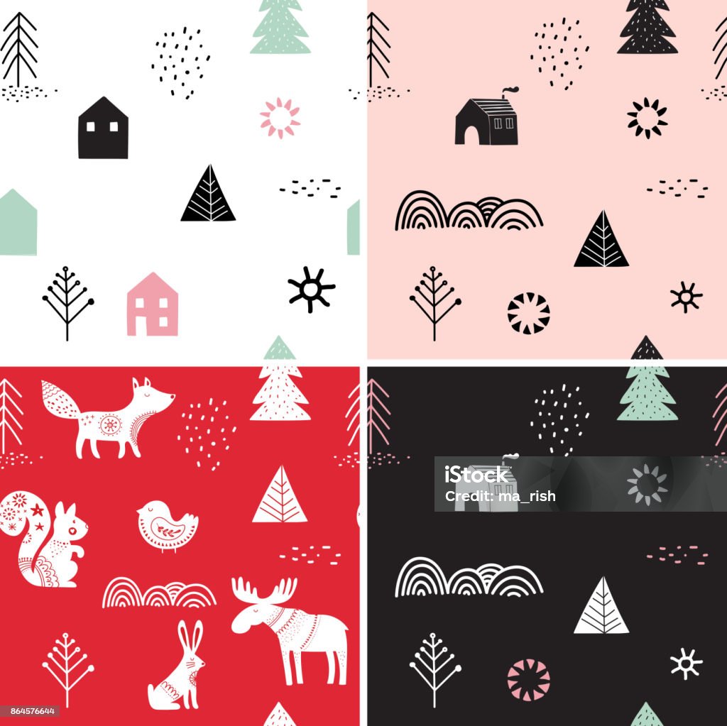 Christmas, winter seamless patterns set, hand drawn elements Christmas, winter seamless patterns set, hand drawn elements in Scandinavian style Scandinavian Descent stock vector